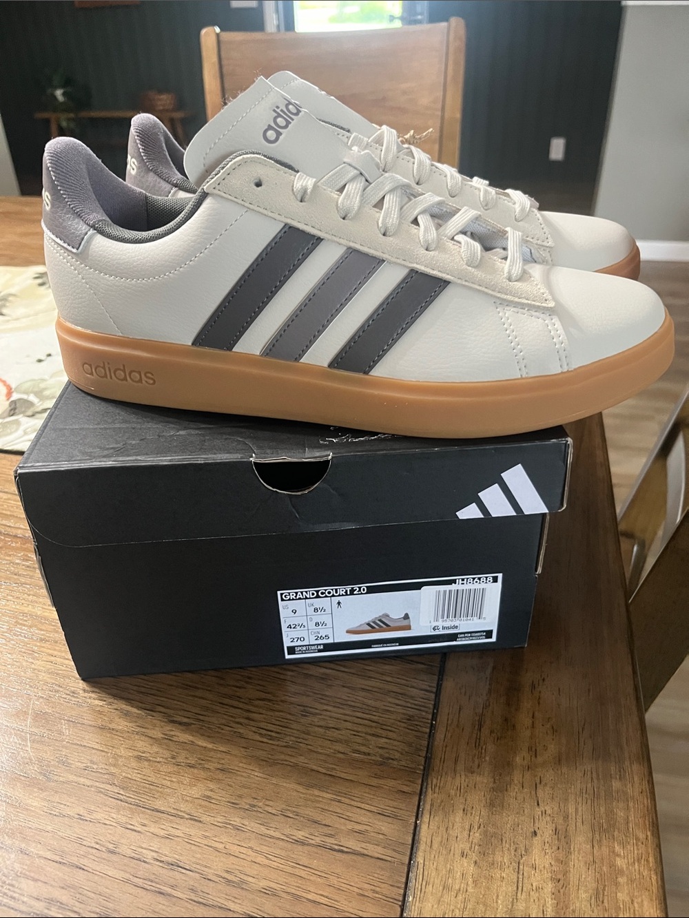 adidas White Sneakers with Gray Stripes and Gum Sole